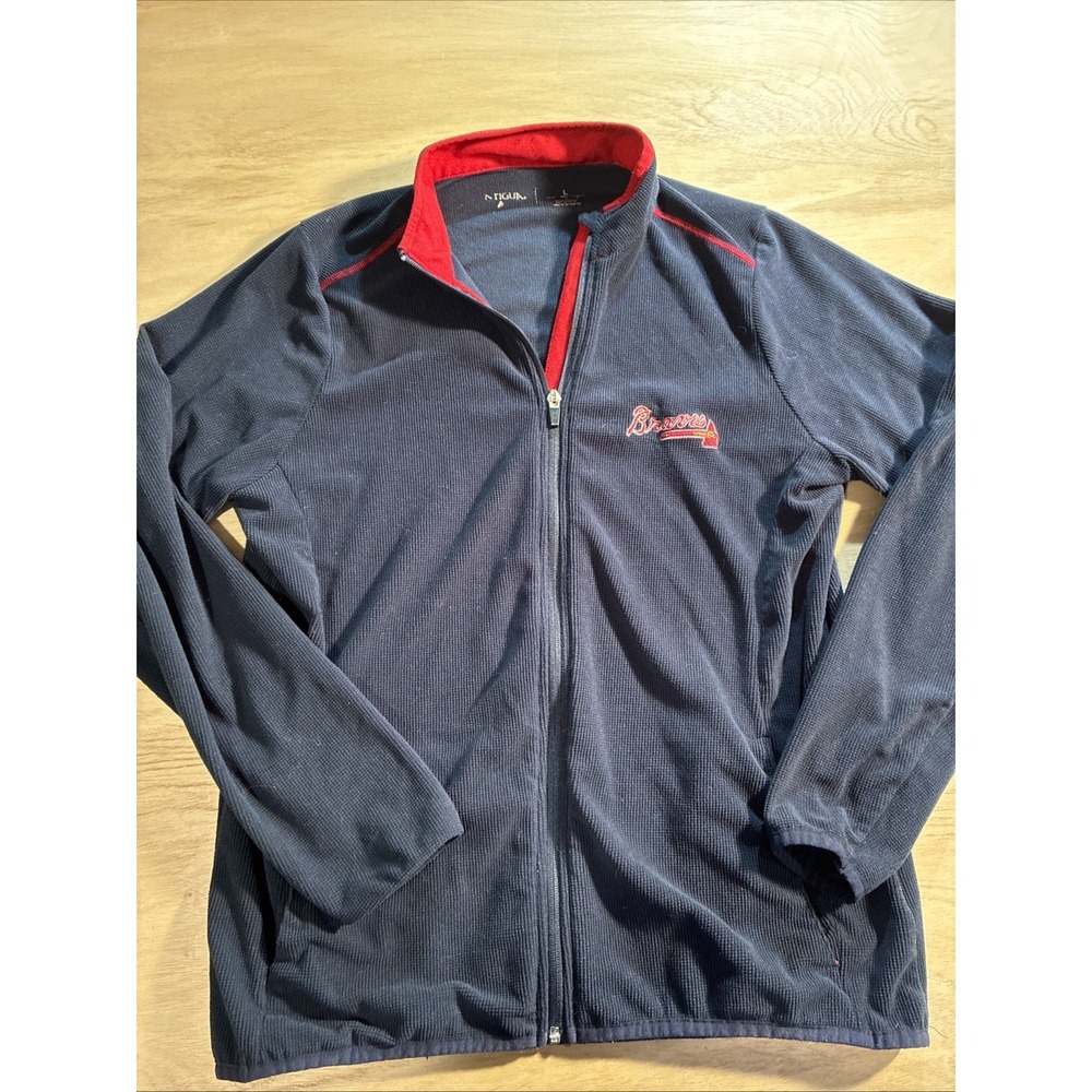 Atlanta Braves MLB Antigua Womens Blue Red Sz‎ L Full Zip Waffle Pattern Jacket